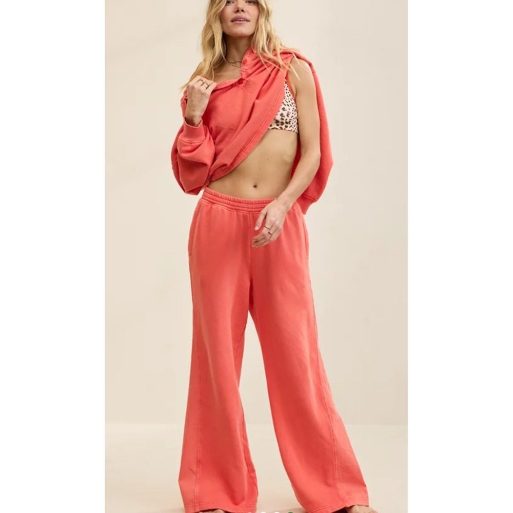 Aerie First Class Fleece Trouser Coral Wide Leg Sweatpants Medium Lounge Pockets